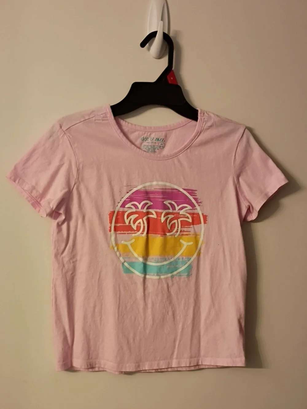 Pink Graphic Tee with Colorful Palm Tree Smile Medium Size 8-10
